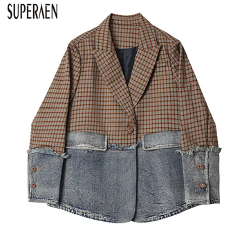 

SuperAen Denim Stitching Plaid Suit Jacket Female Korean Style Autumn New 2019 Women Jackets Fashion Casual Women Clothing