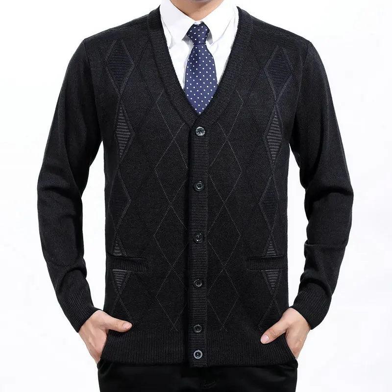 Men Argyle Wool Cardigan Sweaters Smart Casual Camel Gray Plaid Pattern Textured Knit Tops Male V-neck Single Breasted Knitwear