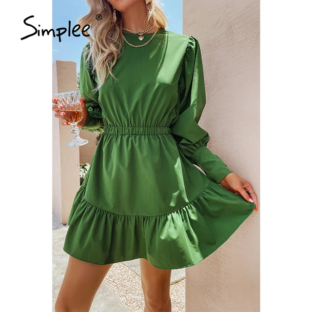 Simplee Elegant lantern sleeves A-line ruffled women dress green Elastic waist o-neck solid mini dresses Female college vestido 6