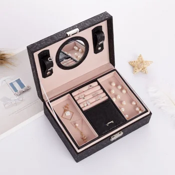 

PU Leather Jewelry Storage Case Organizer Box with Lock and Mirror for Earrings Bracelets Rings zh1