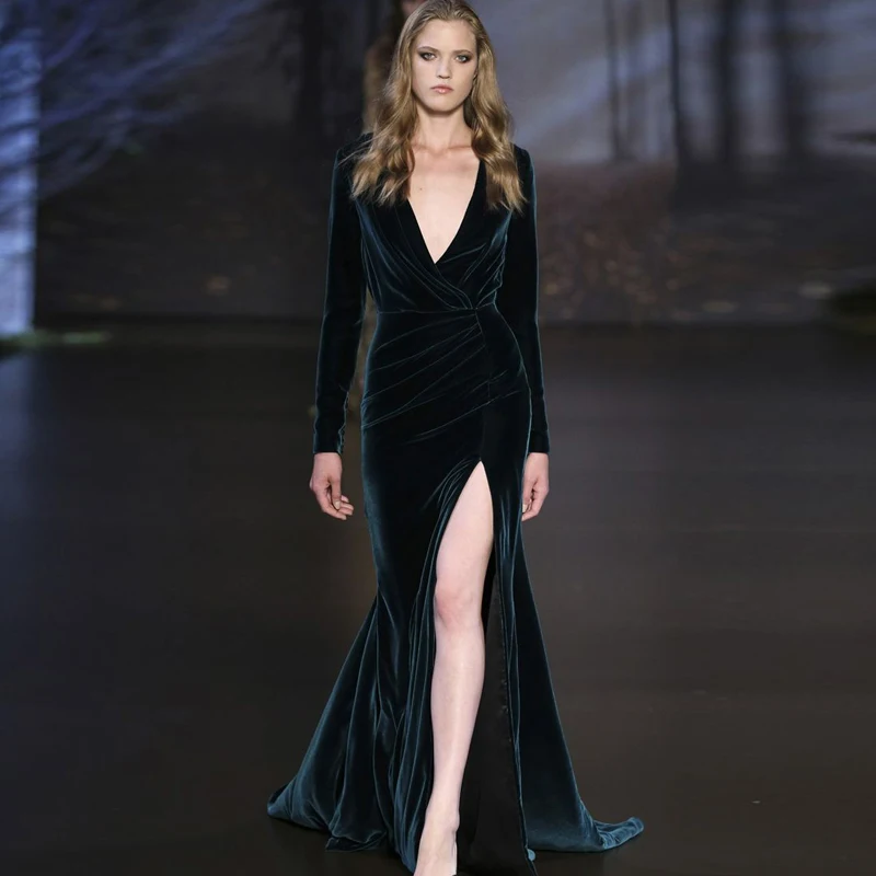 

Женское вельветовое платье-Русалка, зеленое вечернее платье с глубоким V-образным вырезом, открытой спиной и разрезом сбоку, платье для матери невесты, 2023