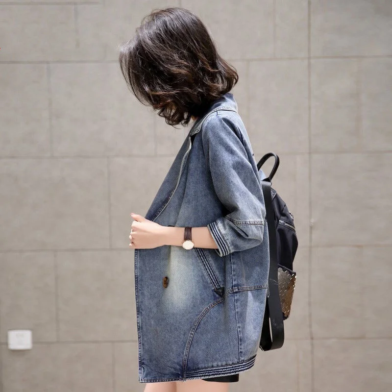 2021Female New Early Autumn Button Denim Coat Women Mid-Length Fashion Korean Was Thin Loose Casual Windbreaker Denim JacketA333