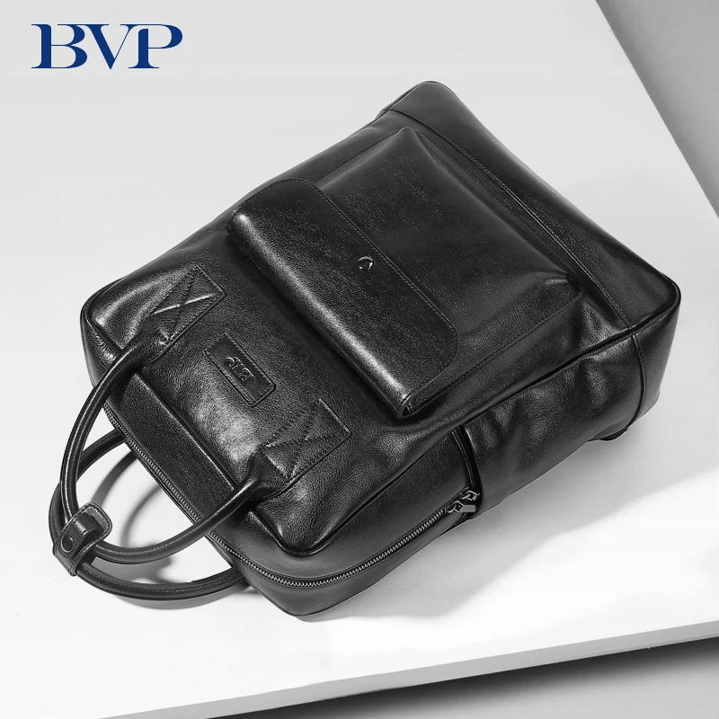 Мужской деловой рюкзак BVP Черный дорожный из натуральной кожи подходит для