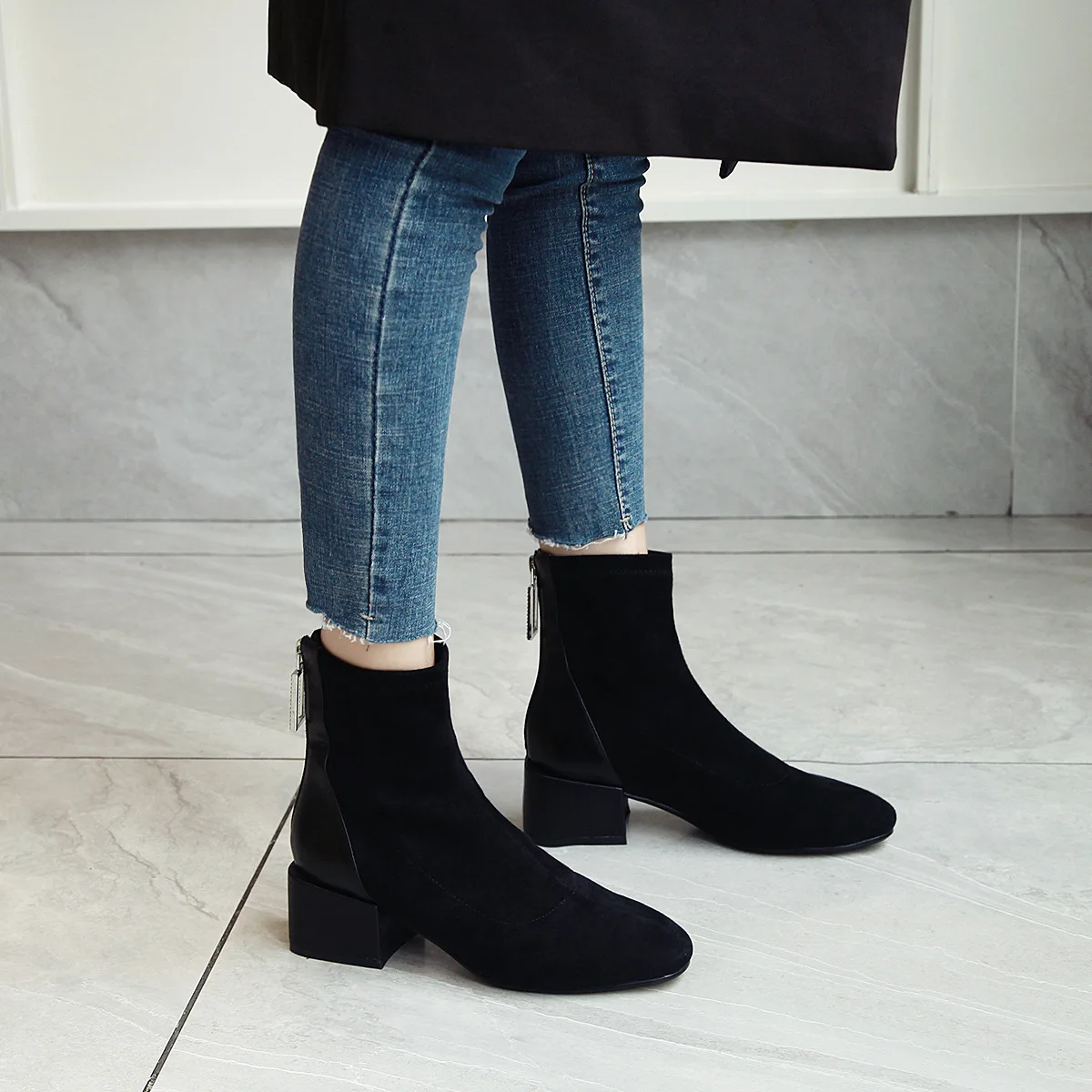 

Ankle Boots Women's Chunky-Heel Spring And Autumn Single Boots Elasticity xue zi wa Boots Martin Boots INS Online Celebrity Thin