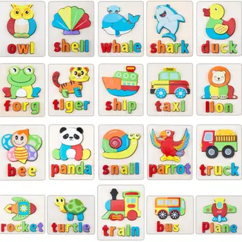 

3D Three-dimensional Word Hand Jigsaw Puzzle Children's Wooden Early Education Toy Traffic Animal Puzzle Toys For Boys And Girls