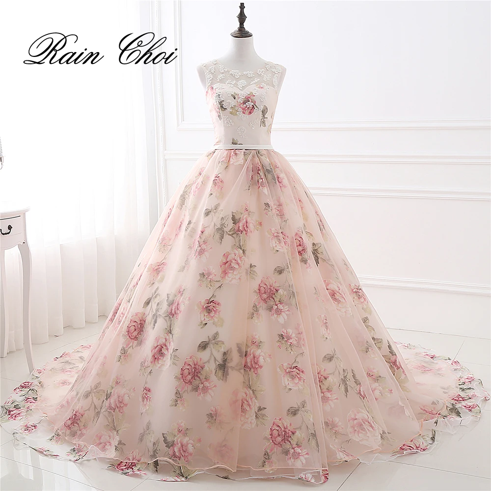 

Evening Dresses Party Long Prom Gown O Neck Flower Pattern Floral Print Chiffon Evening Dress 2019