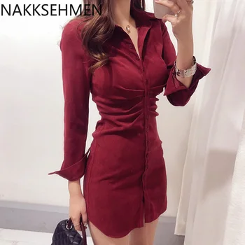 

2020 new French retro temperament lapel small row buckle pleated waist slim hip dress