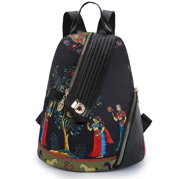 

2020 Chinese Style Oil Painting Women Small Backpack Light Chest bag For Ladies High Quality Washed leather Bag Mochila Femme
