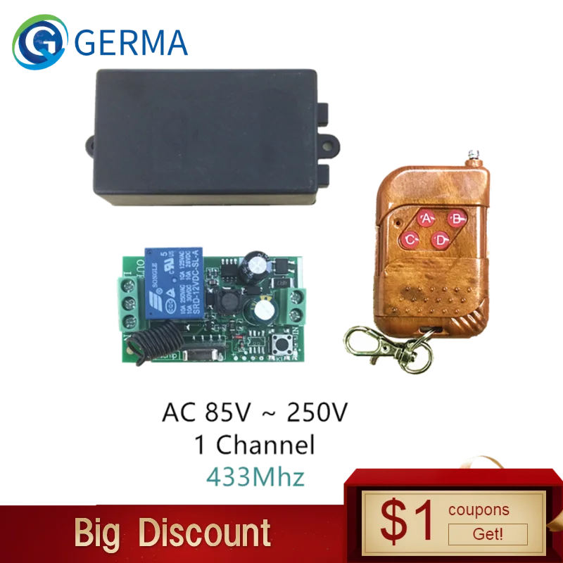 

GERMA AC 110V 220V 1CH RF 433 Mhz Wireless Remote Control Switch Learning Code 1CH RF Relay Lamp Light Controller 433.92Mhz