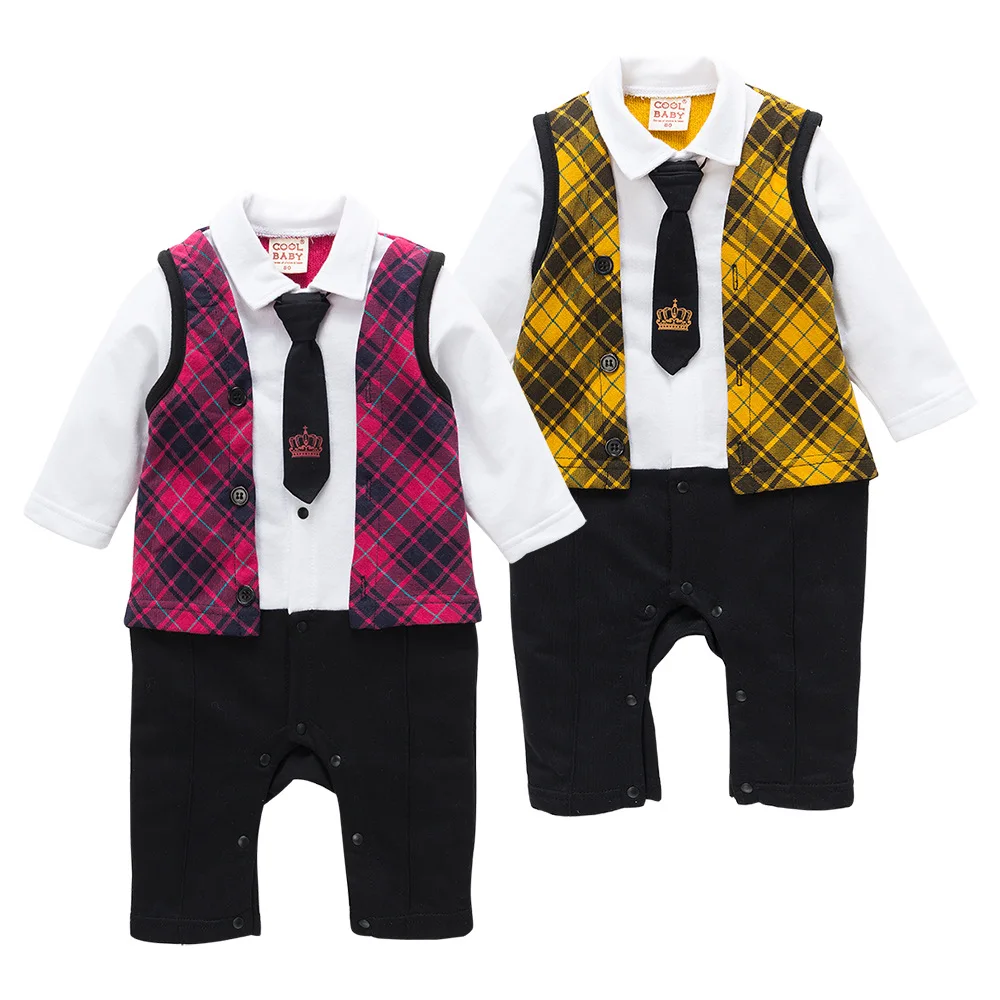 

New Style Tie Plaid Baby Onesie Spring And Autumn Gentleman Baby Climbing Clothes Long-sleeve Jumpsuit a Year of Age Formal Dres