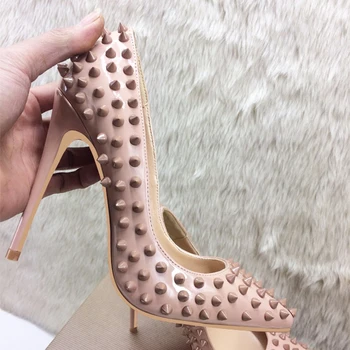 

Autumn new style nude color rivet high heels pointed toe stiletto shallow mouth sexy single shoes 34 small size women's shoes