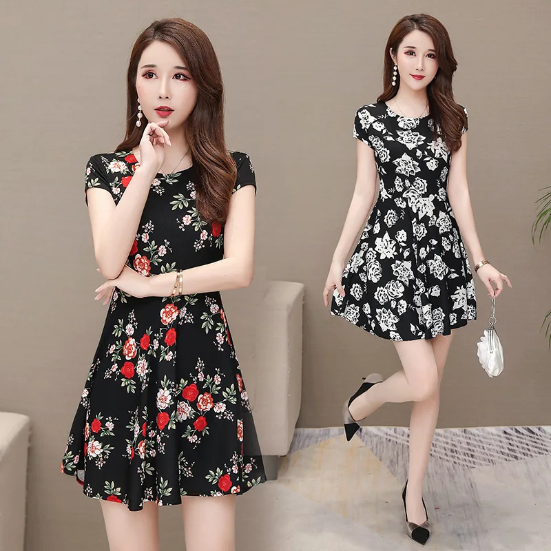 

Summer New Style Mid-length Middle-aged Women Dress Floral-Print Middle-aged Large Size Dress Short Sleeve Printed Base A- line