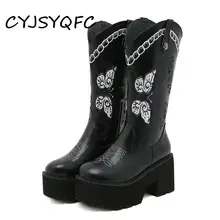 

CYJSYQFC Fashion Butterfly Embroidery Western Cowgirl Boots Autumn Winter Thick Bottom Knight Boot Retro Platform Mid Calf Boots