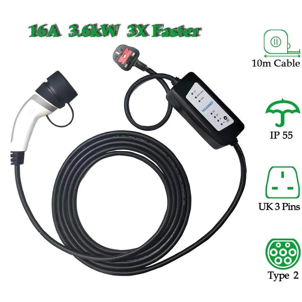 

YKS-ESNES EVSE Portable EV Charger IEC62196 13A UK 3 Pins Plug 10M Type2
