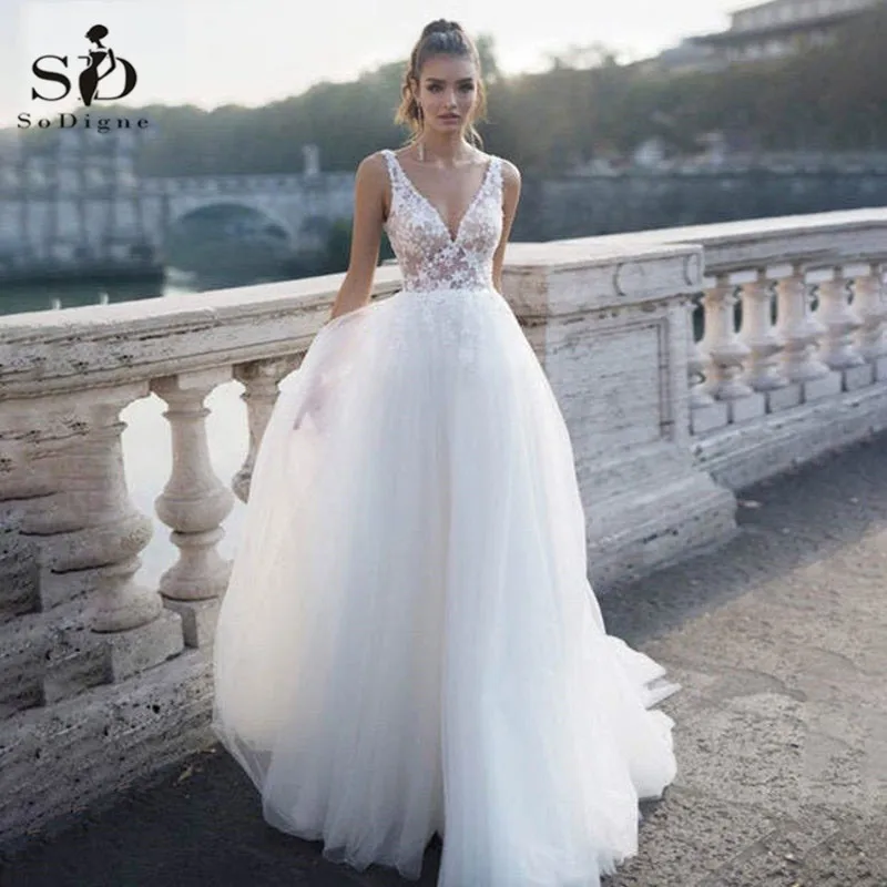 

SoDigne Beach Tull Wedding Dress Boho Sexy V Neck A-Line Lace Appliques Wedding Gowns Bridal Dress Plus Size robe de mariee 2020