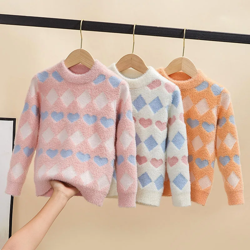 

100CM-150CM girls new autumn\winter Imitation mink velvet girls sweater featuring a round neck, long sleeves with pattern