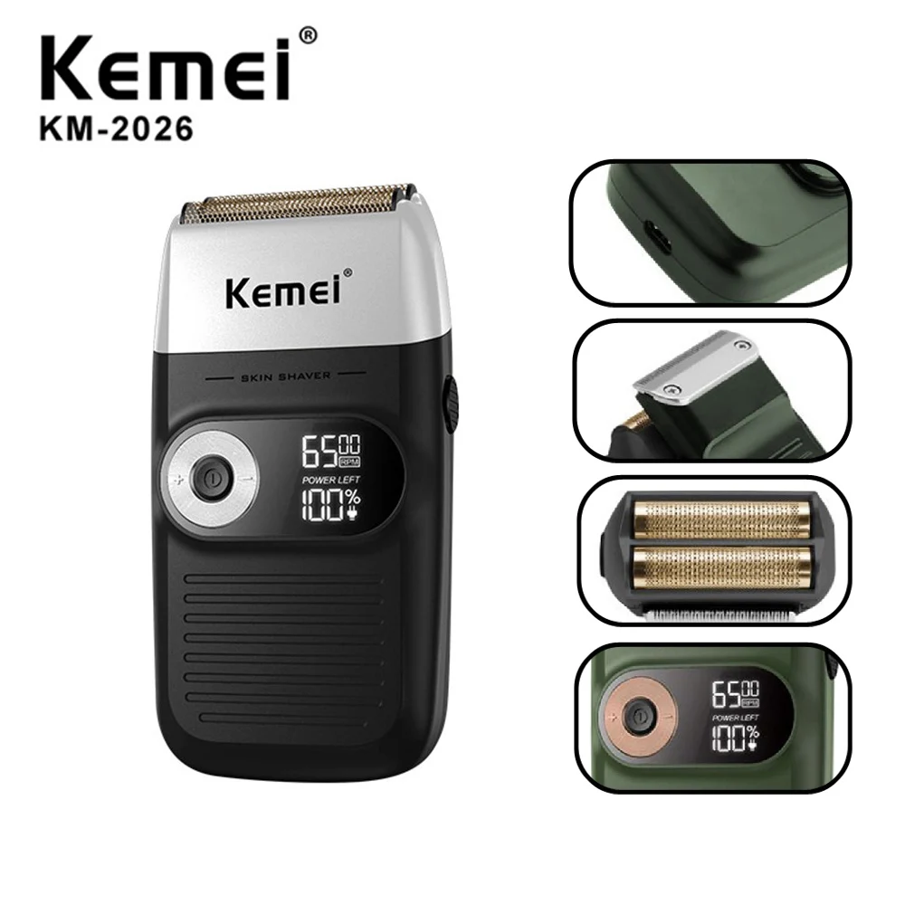 Kemei-barbeador elétrico recarregável t9, barbeia e apara a seco ou úmido, lavável