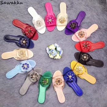 

Street Fashion Women Sandals Brand Summer Outdoor Slippers Retro Floral Rhinestone Slip On Flats Lace Mules Slides Zapatos