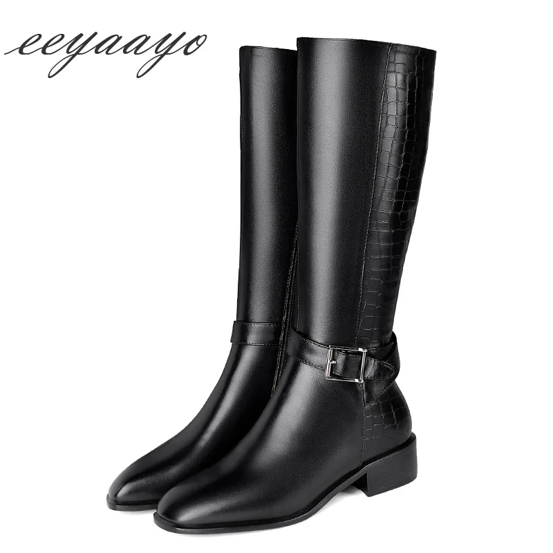 

2019 New Genuine Leather Winter Women Knee-High Boots Middle Heel Square Toe Zipper Metal Casual Women Shoes Black Riding Boots