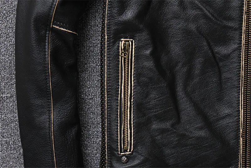Men's Genuine Leather Jacket Motorcycle Leather Jackets Cowhide Stand Collar Slim fit Coat for Male