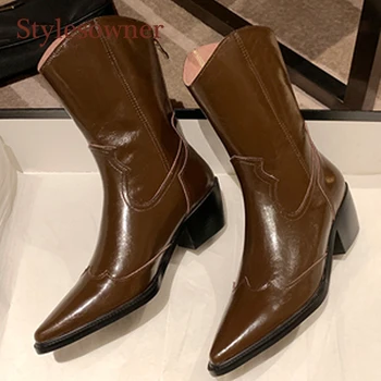 

Beige Brown Western Cowboy Boots Genuine Leather Pointed Toe Mid-Calf Square Heel Riding Boots Rear Zip 2021 Fashion Women Shoes