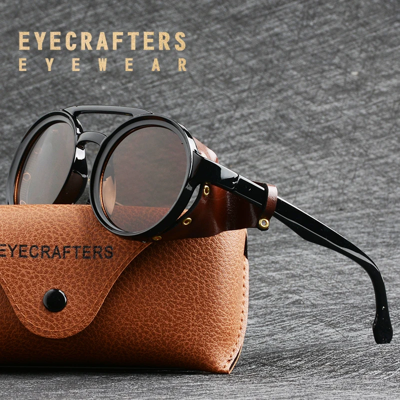 Eyecrafters 2021 Vintage Männer Steampunk Brille Sonnenbrille Frauen Retro Shades Mode Leder mit Seitenschilde Runde Sonne_voghion.com