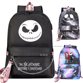 

The Nightmare Before Christmas Prints Boys Girls Kids School bag Women USB Chain Backpack Canvas Men Bagpack Packsack Bookbag
