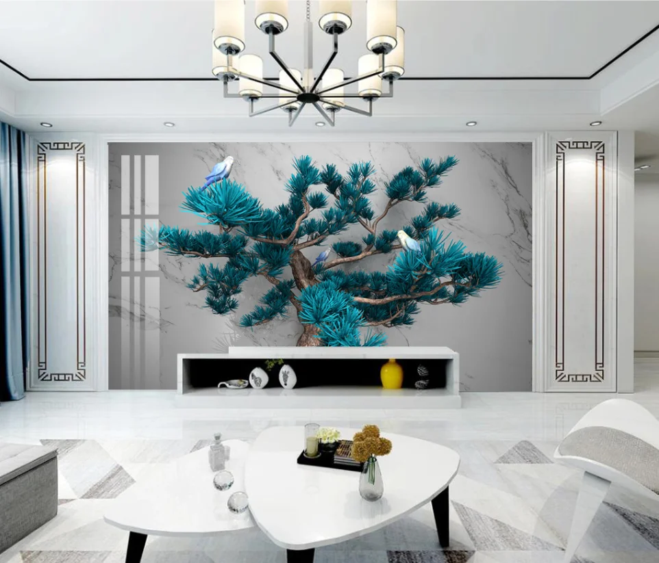 

Beautiful 3D blue vegetation parrot birds geometric background wallpaper waterproof mural