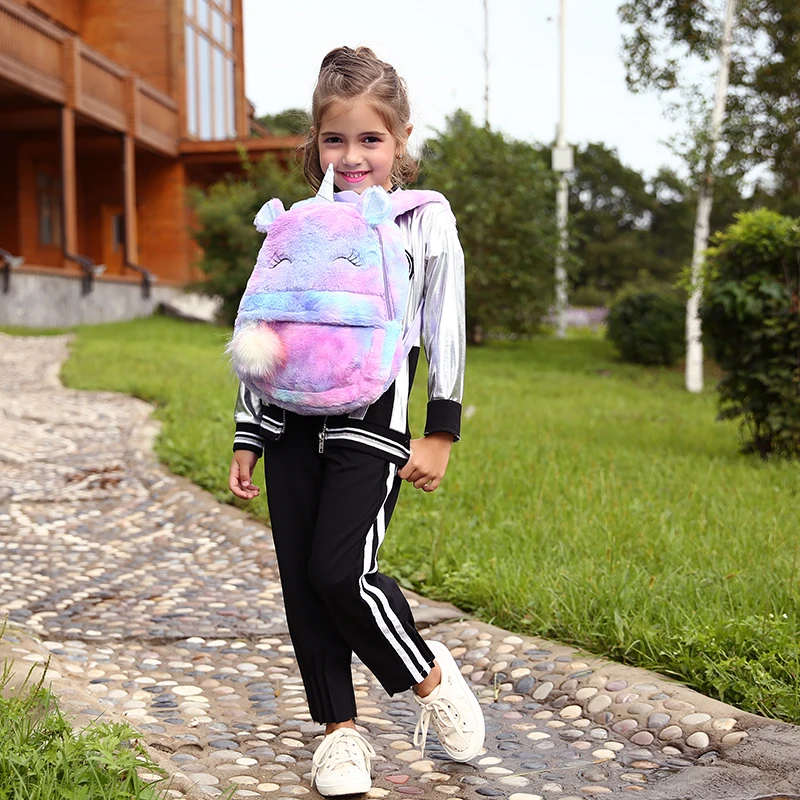 Мультяшные детские плюшевые рюкзаки, Мини Мягкая школьная сумка в консервативном стиле, детский Радужный меховой рюкзак с единорогом, женский милый рюкзак на молнии