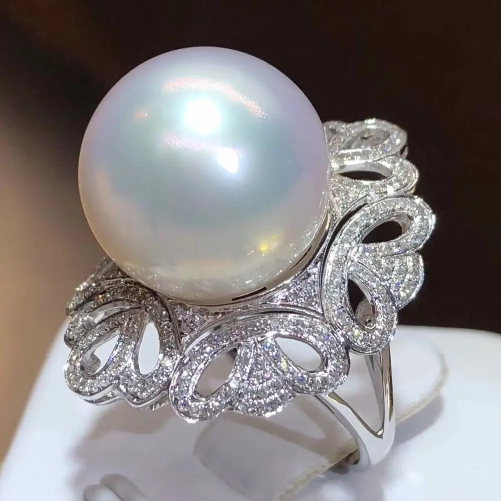 Ювелирные украшения, 18 K, белое золото, натуральный Австралия, 13-14 мм, Белые Коралловые кольца для женщин, тонкие кольца с жемчугом