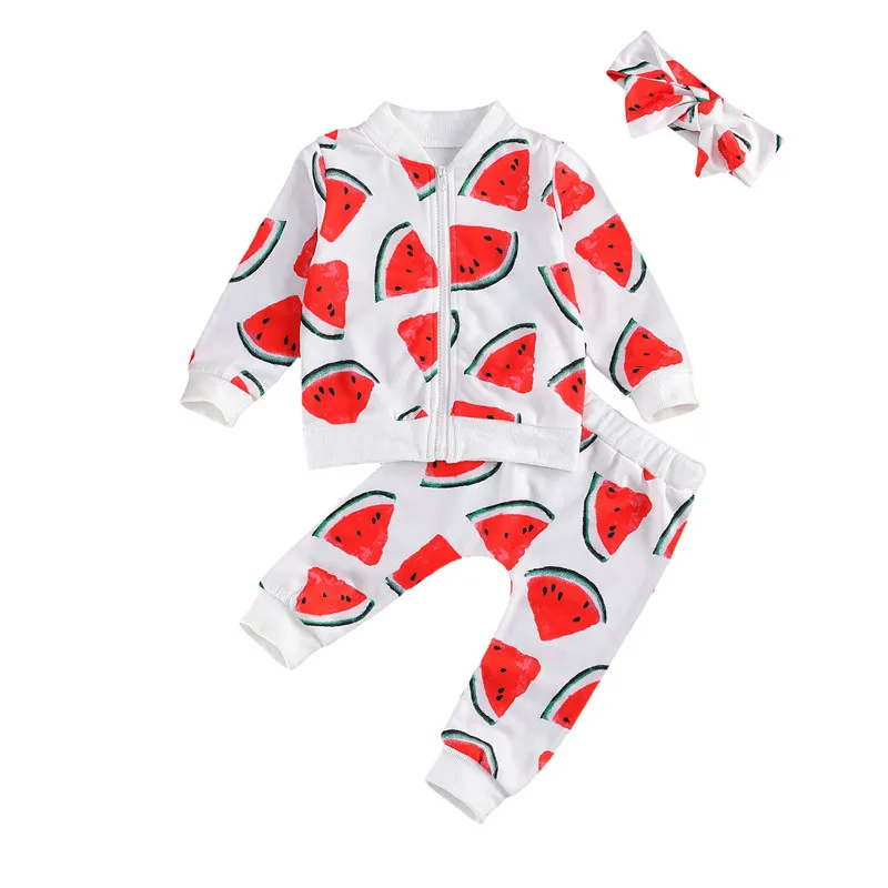 

Toddler Girl Clothes Baby Girl Watermelon Print Zipper Cardigan Tops Pants with Headband 3pcs Outfits Autumn Spring Clothing Set