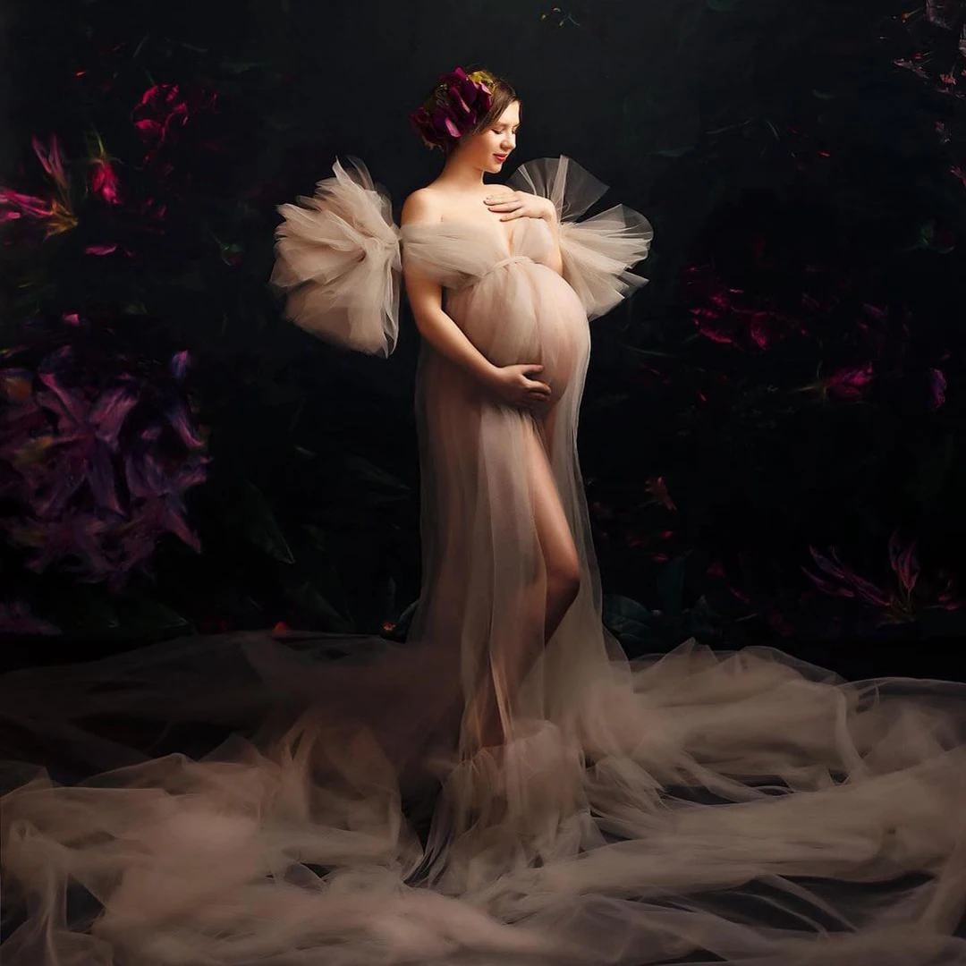 

Gorgeous Tulle Long Maternity Dress for Photography See Through Maternity Gown Women Robes for Photoshoot or Babyshower Custom
