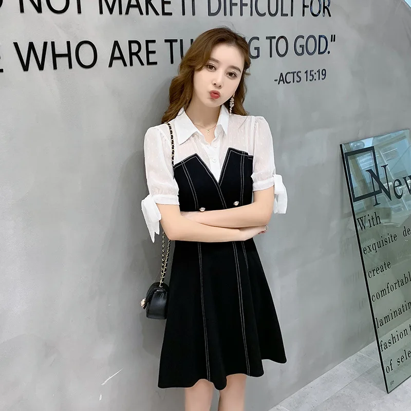 

2019 Summer New Style Young-Style High-End Short-height Joint Shirt Dress with Elegant of Waist Hugging Slimming Dress Women's