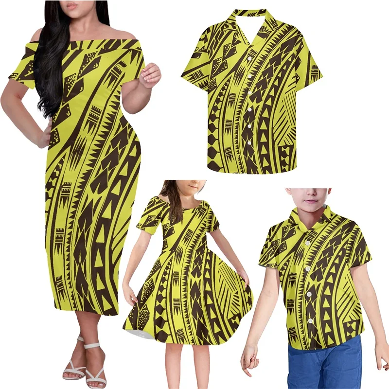 

HYCOOL Custom Logo Family Set Samoan Tribal Print Yellow Off Shoulder Dress Mother And Daughter Women Sexy Bodycon Dress + Shirt