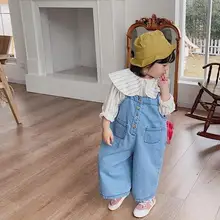 Новые джинсовые комбинезоны для мальчиков и девочек весенние модные длинные штаны для детей От 2 до 7 лет, PO7