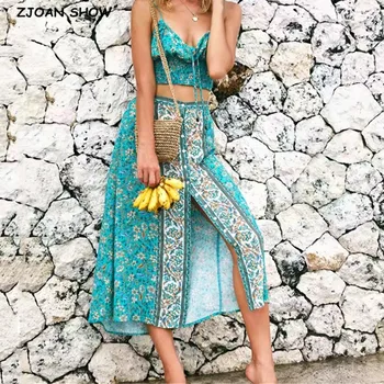 

2020 Summer Bohemian Location Floral Print Long Skirt Slit Holiday Women High Waist Single-breasted Buttons Swing Skirts Beach