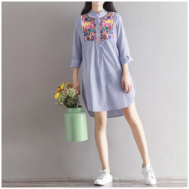 

Early Spring New Style Retro Applique Embroidered Loose And Plus-sized Long Sleeve Cotton Stripes Stand Collar Dress Women's S67