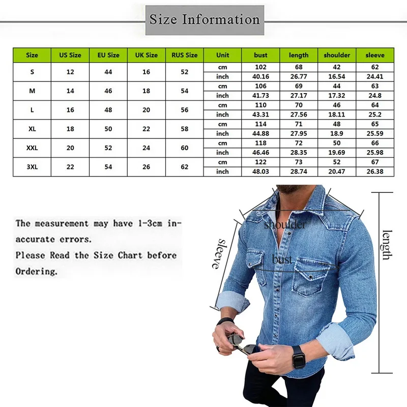 Мужская Осенняя приталенная джинсовая рубашка, одноцветная джинсовая рубашка с длинным рукавом и пуговицами, Повседневная Верхняя одежда, мужские рубашки и блузки