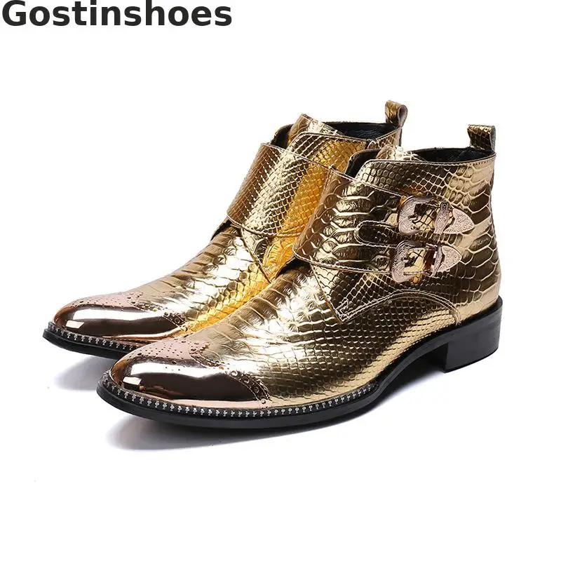 

Luxury Men Boots Golden Genuine Leather Boots Snakeskin Printed Golden Metal Cap Toe Ankle Short Work Western Boots Buckle Strap