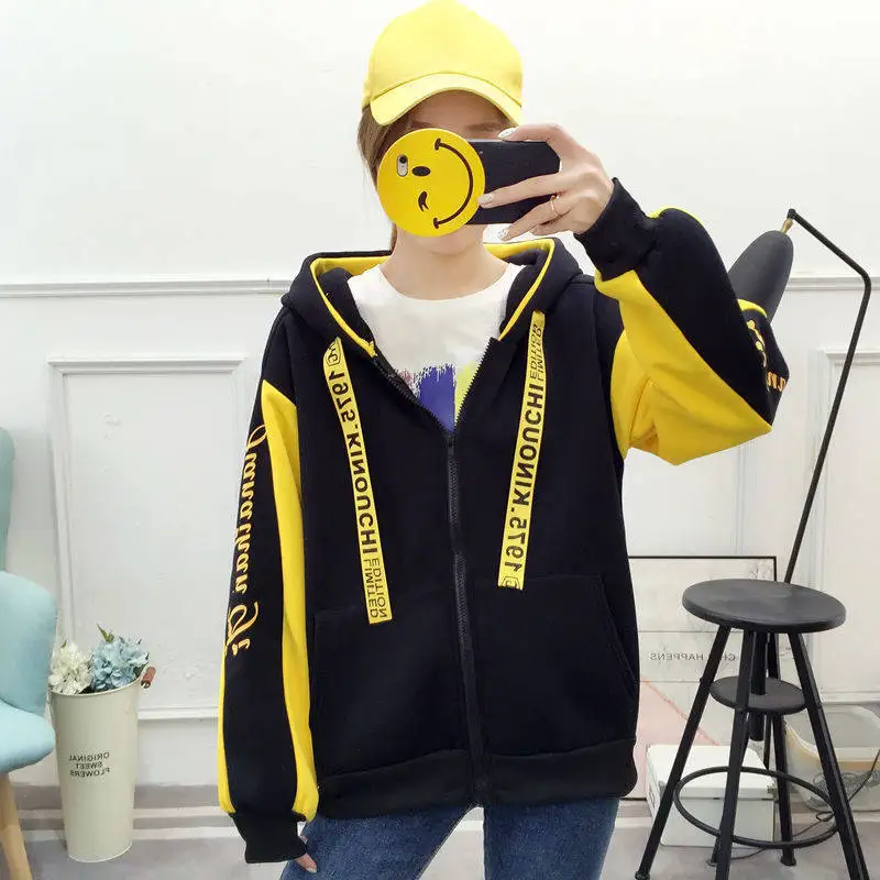 Autumn Winter Women's Sweatshirts Plus Velvet Thickening Hooded Korean Version Of The New Couple Zipper Jacket Harajuku Tops