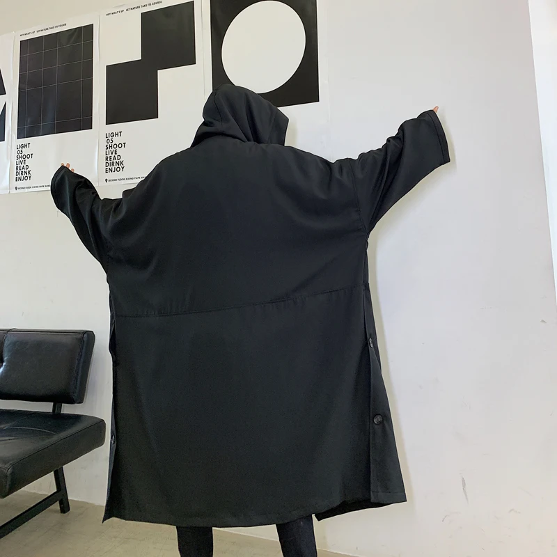 Мужской свободный Тренч оверсайз повседневный черный длинный с капюшоном