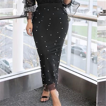 

Women Black Pencil Skirts Long High Waist Slim Mesh Beading Modest Classy Female Package Hip Jupes Falad Office Elegant Fashion