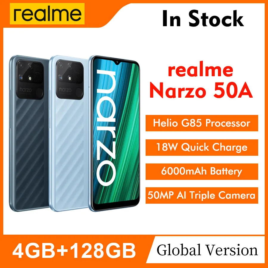 Global Version realme narzo 50A 6.5”4 + 128 GB 6000 mA batteryh capacious processor Helio G85 AI-camera 50 MP Mobile Phone | Мобильные