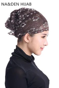 

1PC Islam cap Women Inner hat Under hijab Shiny inner Cap Arab beanies Head cover Muslim headscarf Lace floral stretch turban