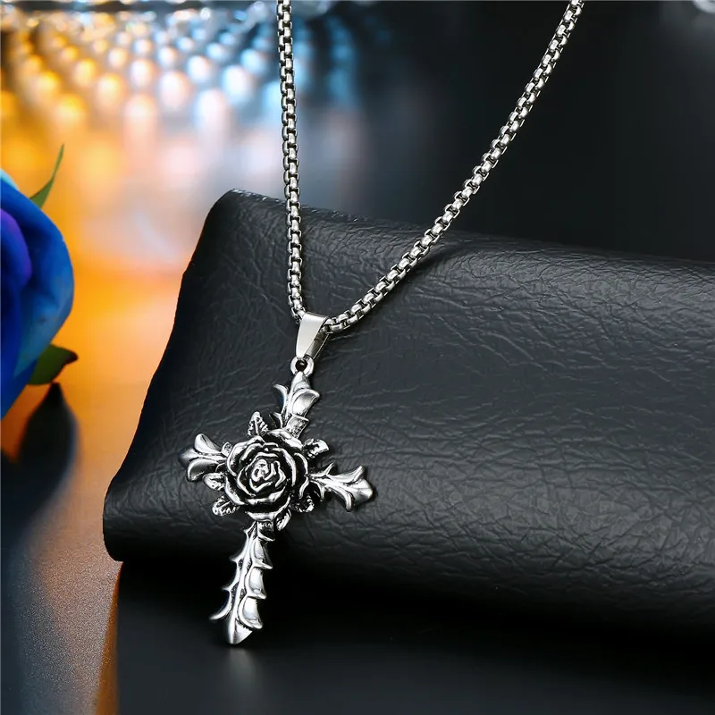 1PC Punk Vintage Metal Rose Cross Skeleton Necklace Personality Gothic Red Zircon Sword Pendant Necklace Women Men Jewelry N70
