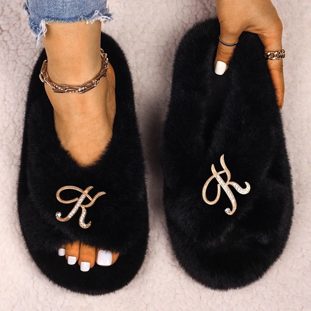Slippers Women Furry Slides Fashion Rhinestone Letter Fluffy Flip Flops Ladies Winter Slippers Platform Sandals Female Shoes Black2