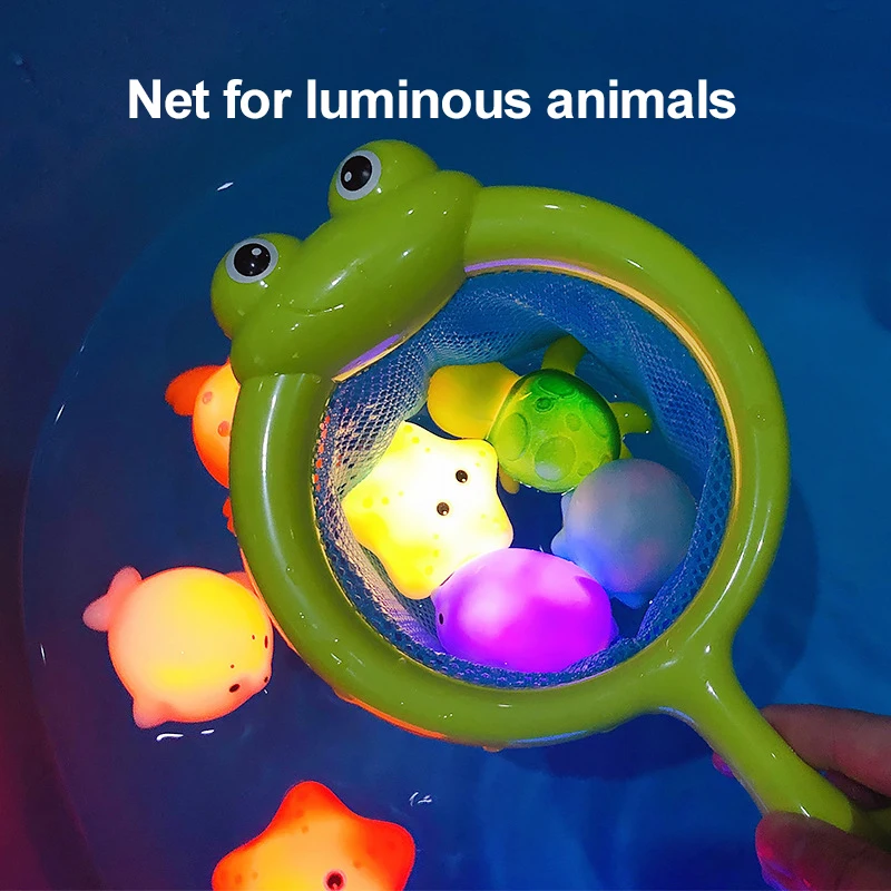 Bath Toy For Babies Induction Luminous Frogs Animal Floating Light Net Fishing Water Bathing Swimming Kit Classic Toys For Child 2
