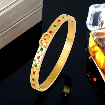 

Unique Style Gold Plating Double Cross Circle Bangle Bracelet Women Charm Red&Green Spots Bangles For Female Jewelry