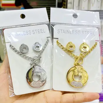 

Stainless steel jewelry necklace earrings pendant metal necklace sweater chain animal bear necklace crystal pendant wholesale