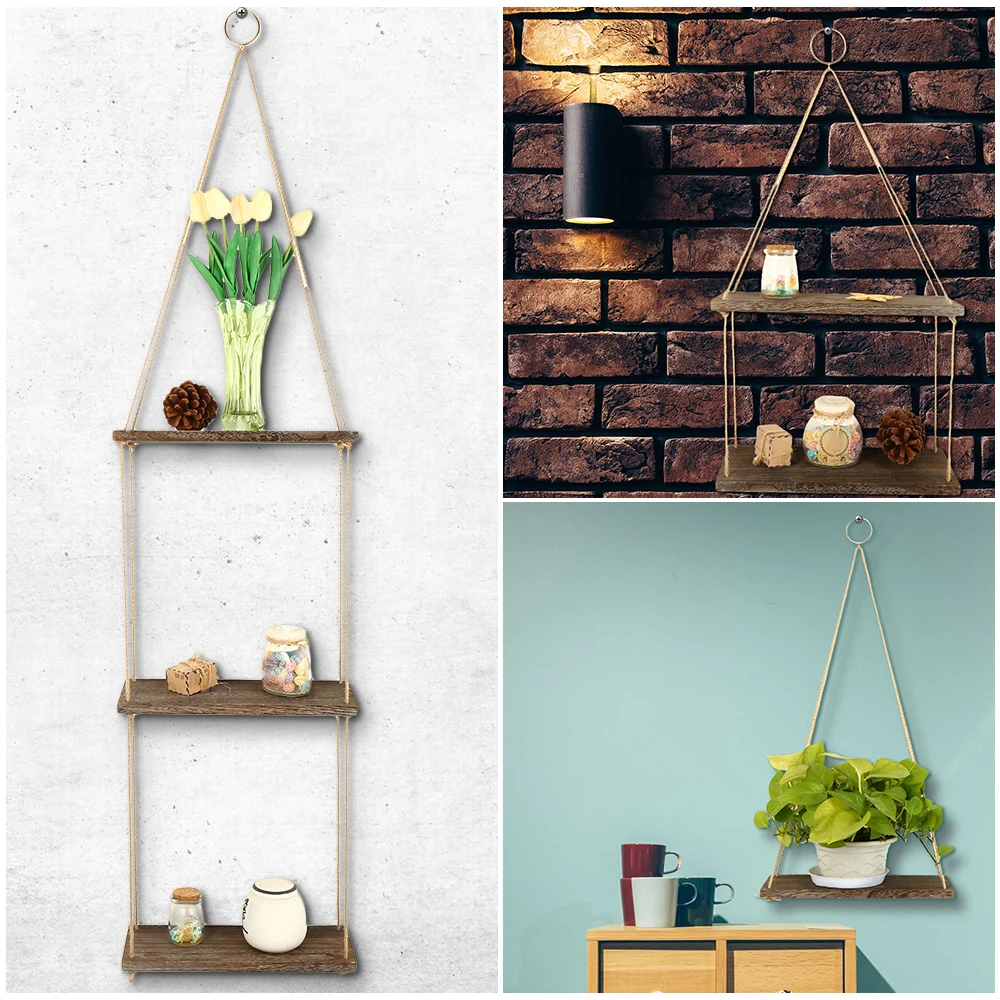 

Hemp Rope Racks Solid Wood Shelf Nordic Rope Hanging Retro Round Solid Wood Shelf Storage Box Home Decoration Bedroom Rack
